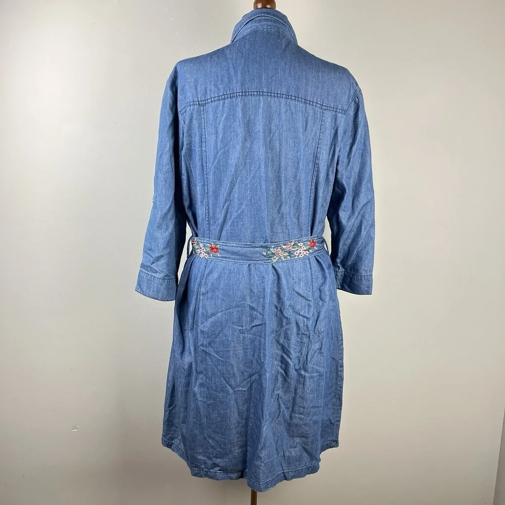 Given Kale Boho Embroidered Dress Womens XL Blue Chambray Floral‎ Belted